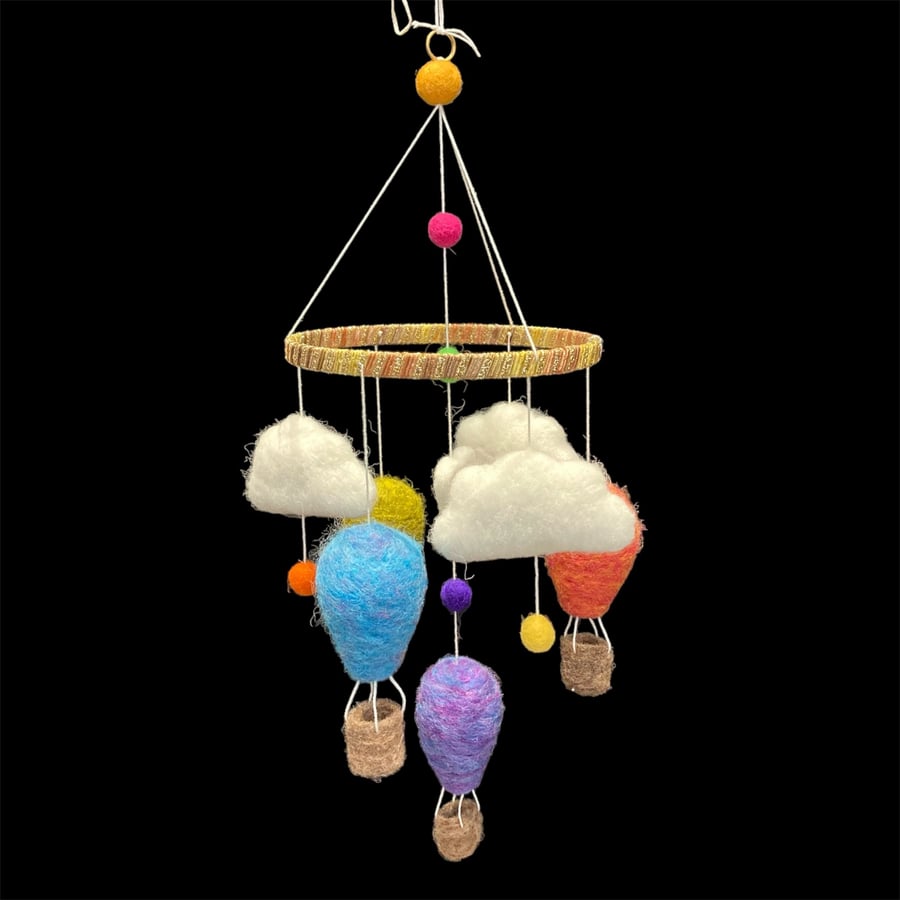 Mobile, needle felt hot air balloons, nursery decor, new baby gift, baby shower