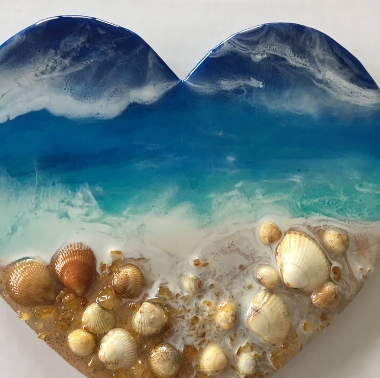 Sea inspired, heart shaped, wall hanging, 8”, original, resin Amber