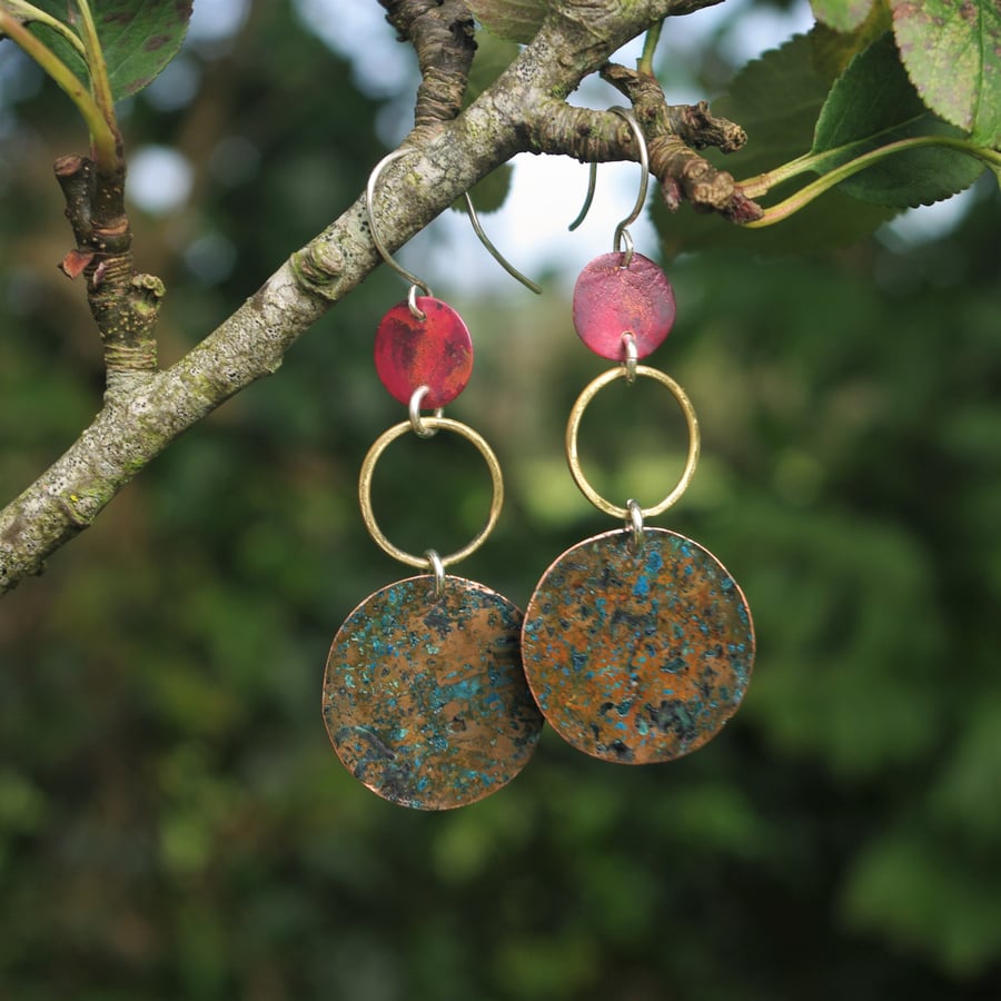 Verdigris Copper and Brass Long Dangle Earrings