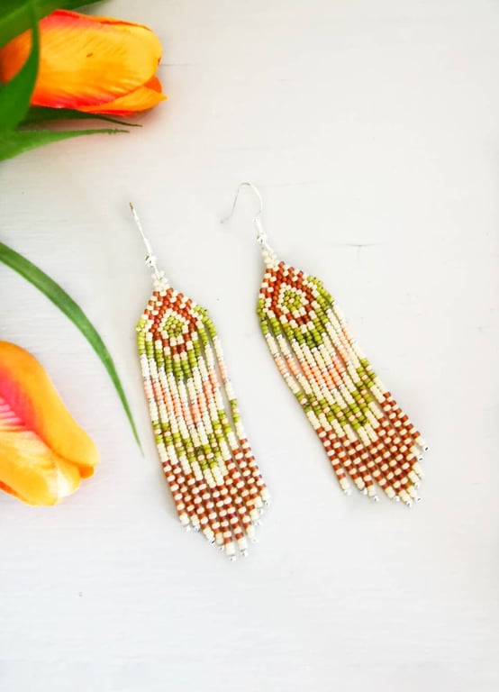 Green Beaded Fringe Earrings 