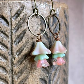 Spring Inspired Bell Flower Earrings - Pink & Mint Green. Pastel Glass Jewellery