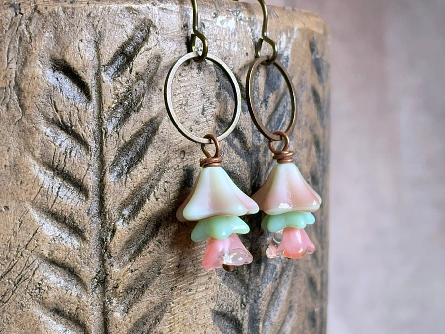 Spring Inspired Bell Flower Earrings - Pink & Mint Green. Pastel Glass Jewellery