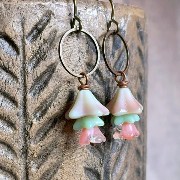 Spring Inspired Bell Flower Earrings - Pink & Mint Green. Pastel Glass Jewellery