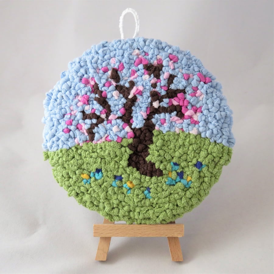 Tree with Blossom Wall Plaque - hooked from recycled cotton jersey