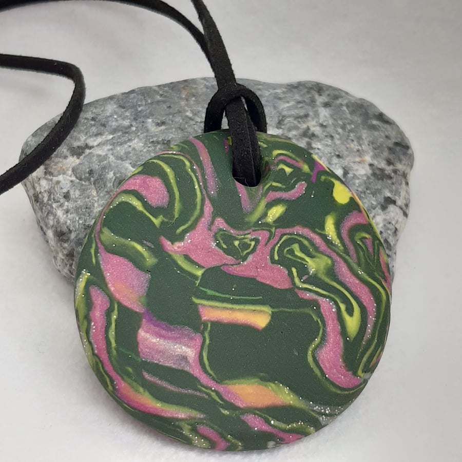 Large colourful polymer clay circular pendant