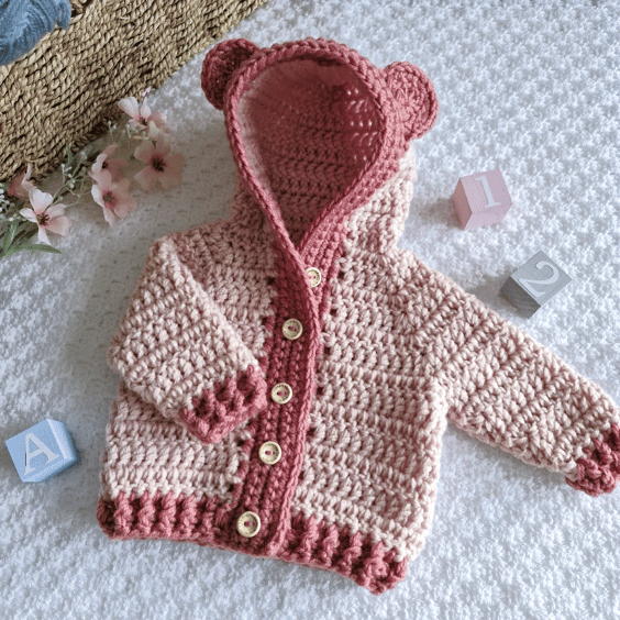 Crochet Teddy Bear Baby Cardigan with Hood & Ears – Newborn to 4 Years