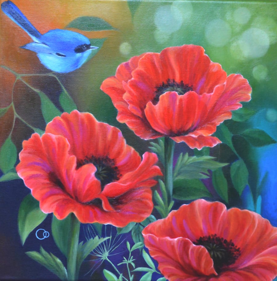Original Red Poppies & Little Blue Bird Oil Painting on Canvas