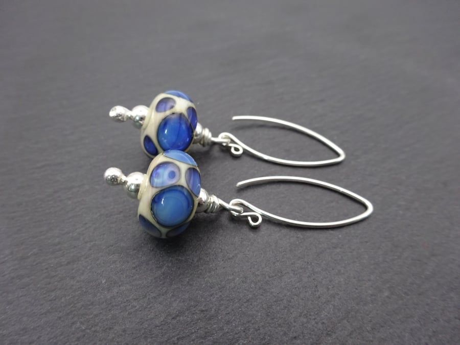 blue spots lampwork glass earrings,sterling silver jewellery