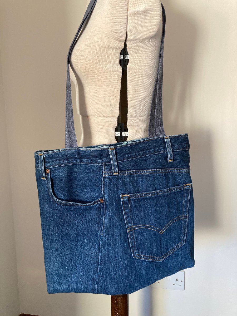 Levi recycled denim blue tote, wear on shoulder or across body, repurposed. 