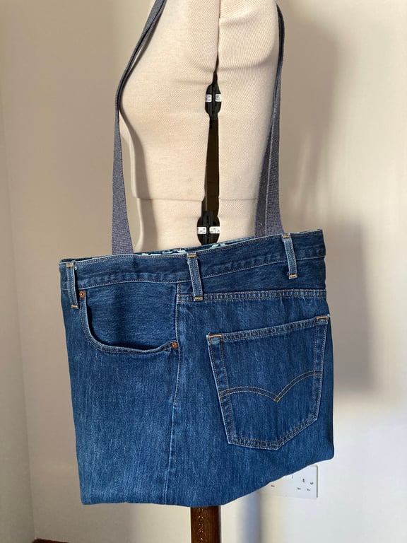 Levi recycled denim blue tote, wear on shoulder or across body, repurposed. 