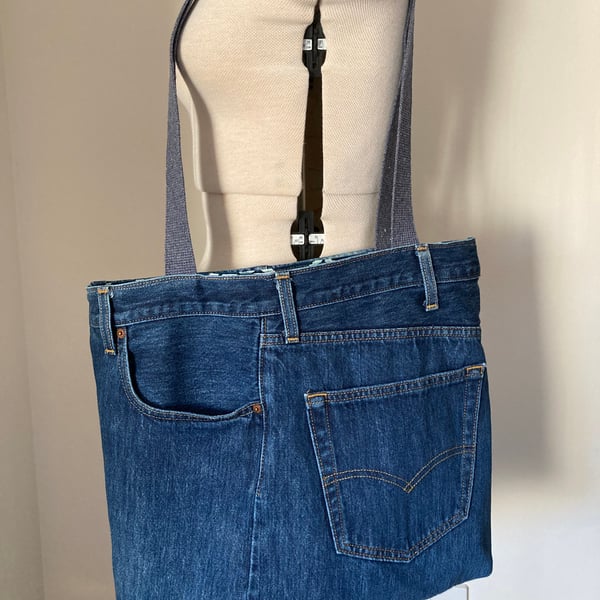 Levi recycled denim blue tote, wear on shoulder or across body, repurposed. 