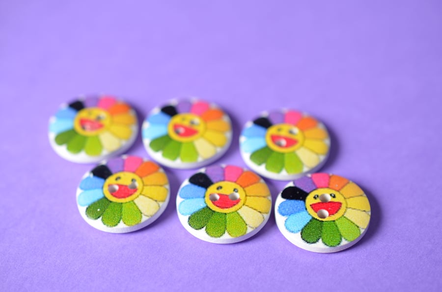Wooden Cute Rainbow Flower Buttons 6pk 20mm (MZ8)
