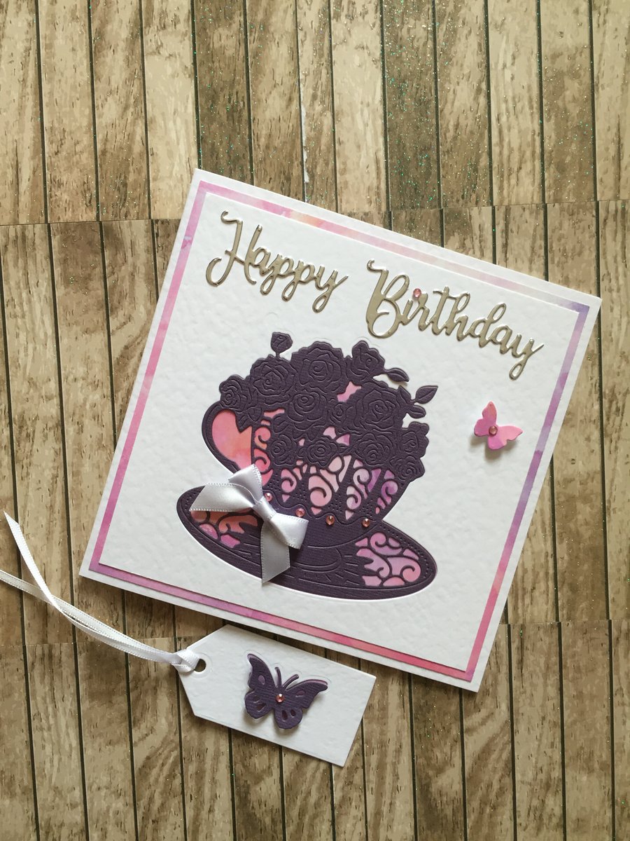 Luxury handmade birthday card and gift tag,  greetings card