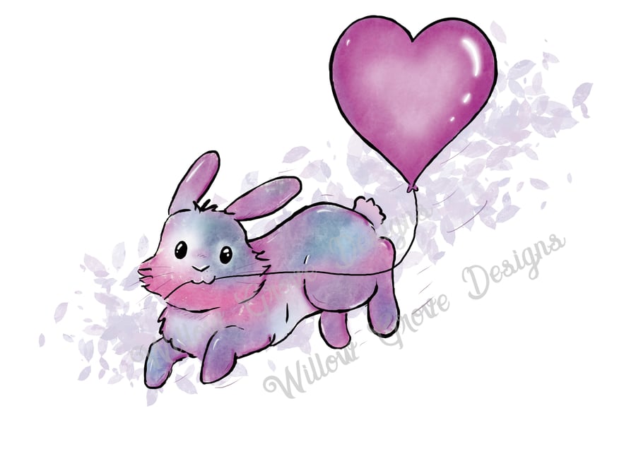 Heart balloon bunny rabbit art greetings card
