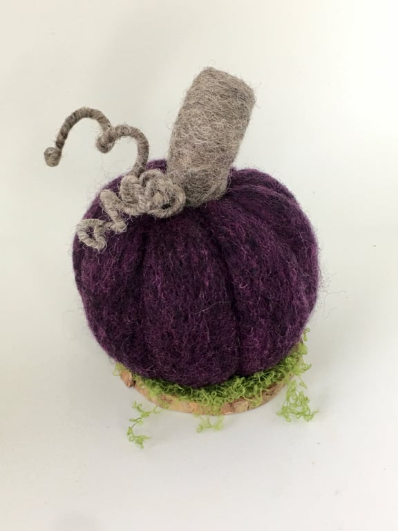 Needle Felted Pumpkin, Wool Sculpture Ornament on Wooden Base