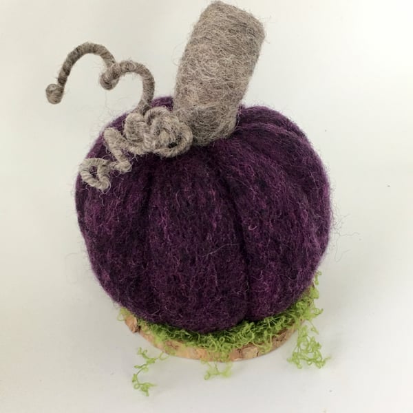 Needle Felted Pumpkin, Wool Sculpture Ornament on Wooden Base