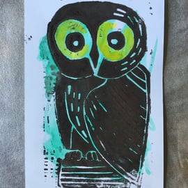 Print No.13. Original Owl Lino Print Artwork  -  Unframed