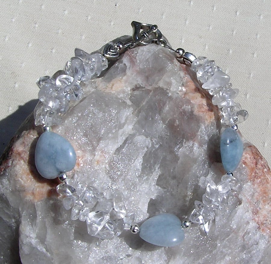 Aquamarine Heart & Clear Quartz Crystal Gemstone Bracelet "Angels Kisses"