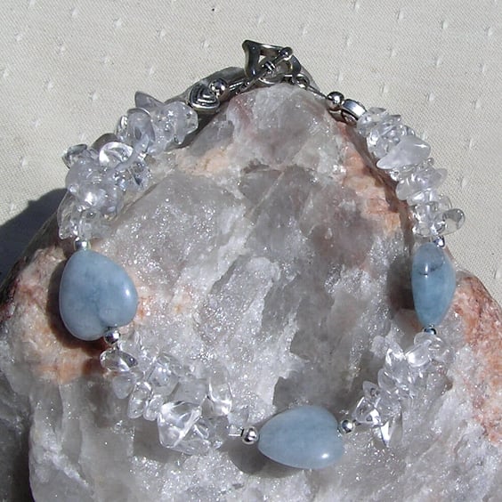 Aquamarine Heart & Clear Quartz Crystal Gemstone Bracelet "Angels Kisses"