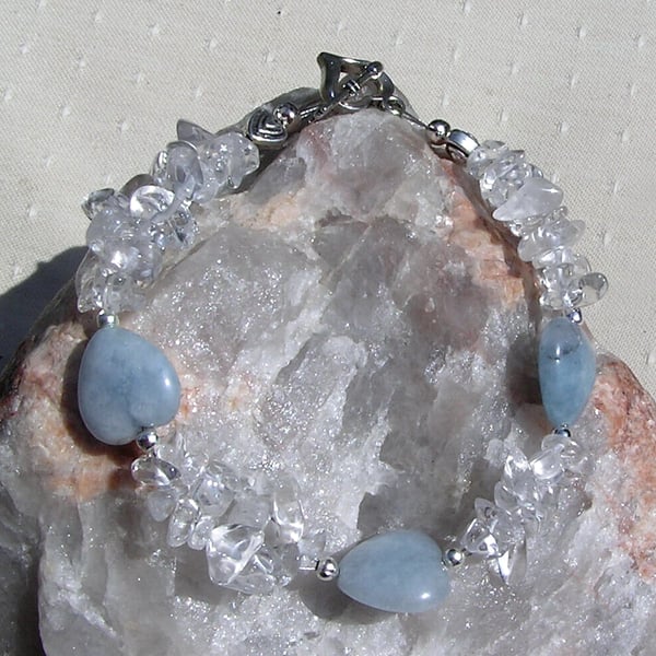 Aquamarine & Clear Quartz Crystal Gemstone Heart Bracelet "Angels Kisses"