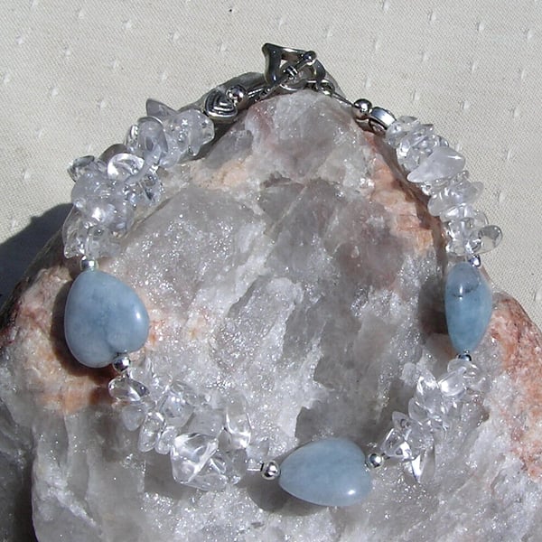 Aquamarine & Clear Quartz Crystal Gemstone Heart Bracelet "Angels Kisses"