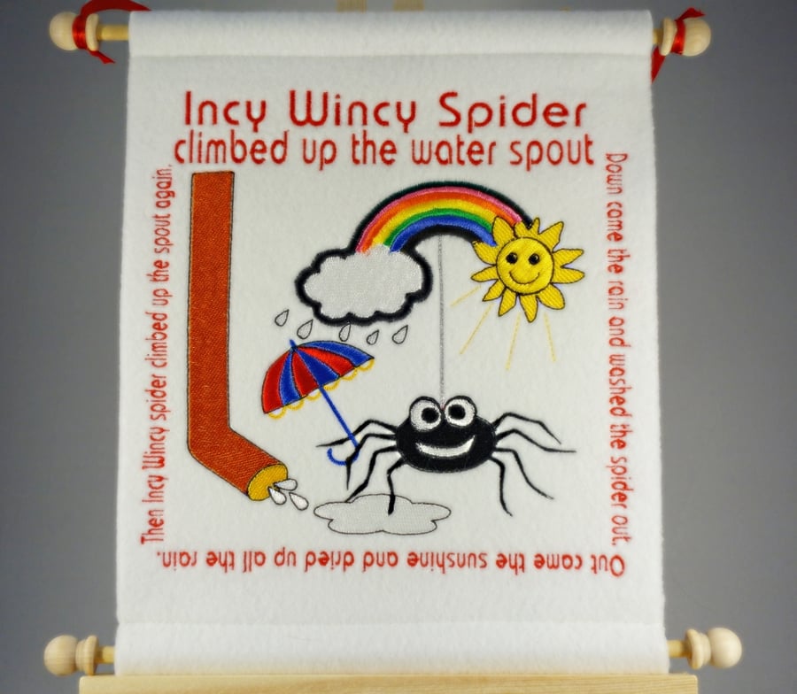 Incy Wincy Spider Hand Crafted, Embroidered Nursery Rhyme Wall Hanger