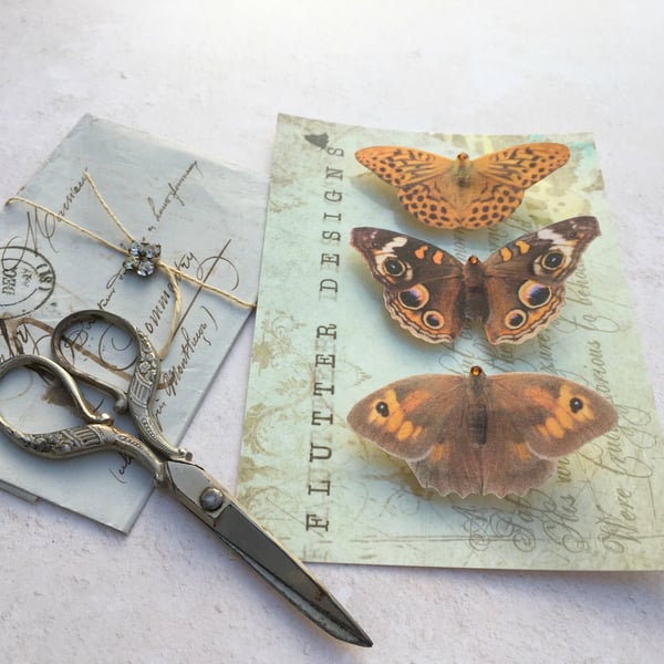 Trio of beautiful brown silk butterfly hair clips with Swarovski Crystals.