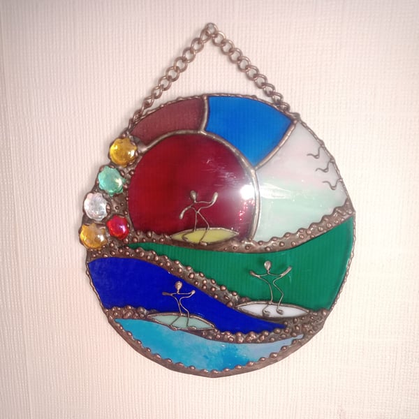 Sunset Surfers stained glass sun catcher hanging decoration