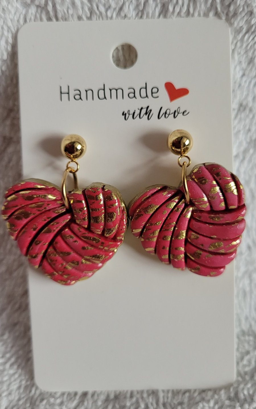 Image of Handmade Polymer Clay Pink and Gold Heary Earrings. 316 Surgical Stainless Steel