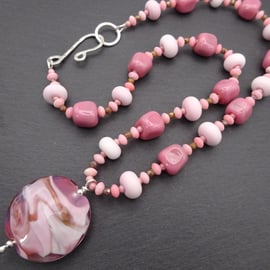 pink lampwork glass beaded necklace pendant