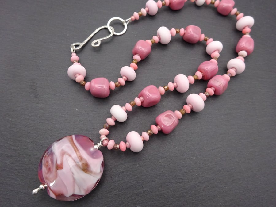 pink lampwork glass beaded necklace pendant