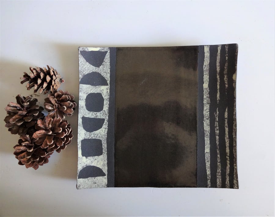 Rectangular decorative ceramic platter Glazed panel matt stripes abstract motifs