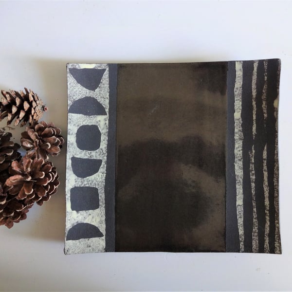 Rectangular decorative ceramic platter Glazed panel matt stripes abstract motifs