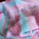 Hand knitted Log Cabin Style Cot Blanket, Pink and Aqua, 30 x 26, hm68