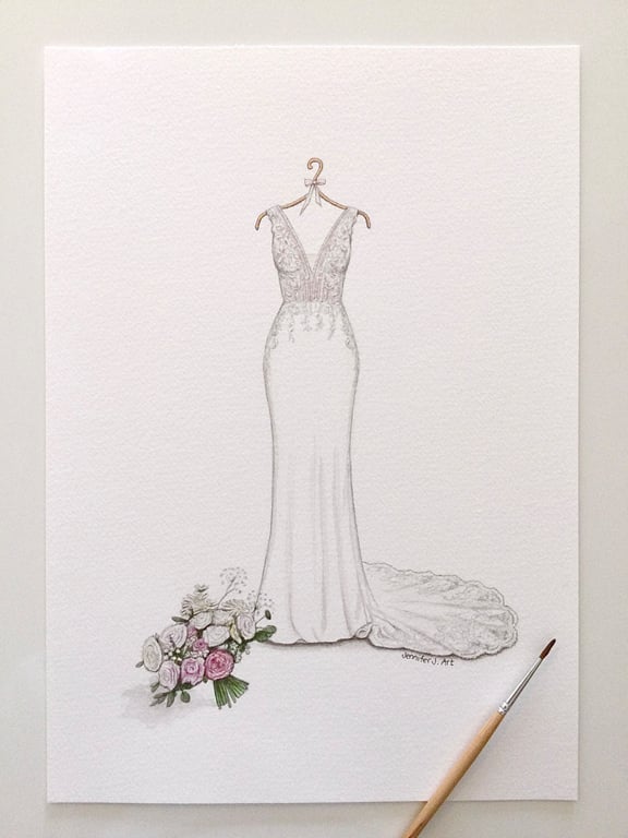 Custom hand drawn original wedding dress and bouquet illustration 