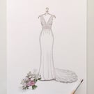 Custom hand drawn original wedding dress and bouquet illustration 