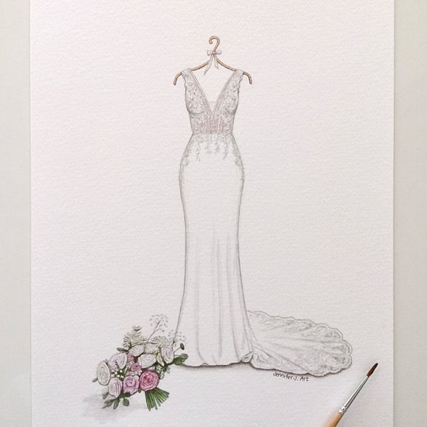 Custom hand drawn original wedding dress and bouquet illustration 