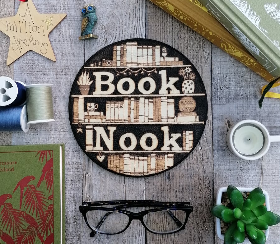 Book Nook Pyrography Sign