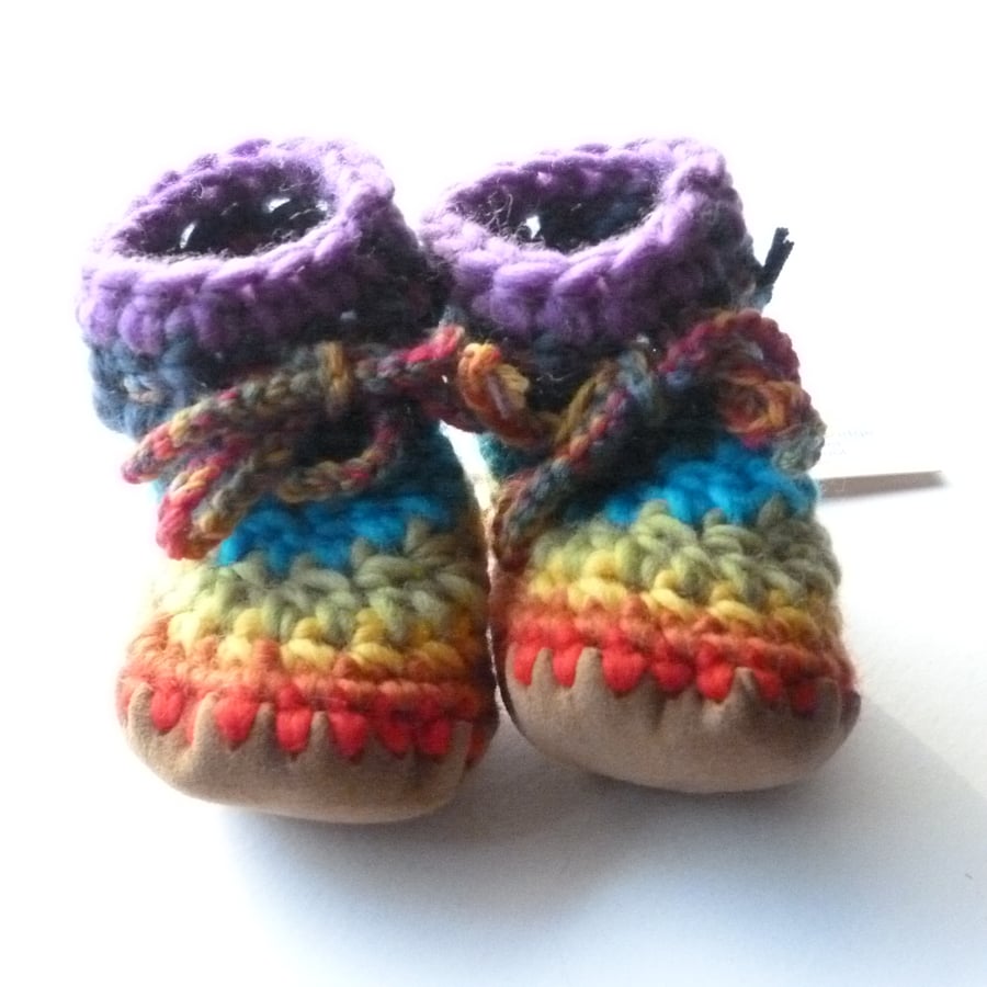Wool & leather baby boots - Rainbow stripe, red purple - 12-18 months