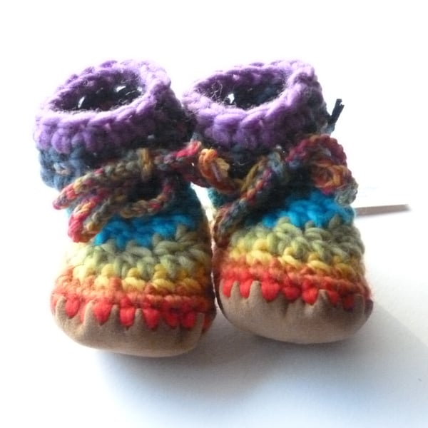 Wool & leather baby boots - Rainbow stripe, red purple - 12-18 months