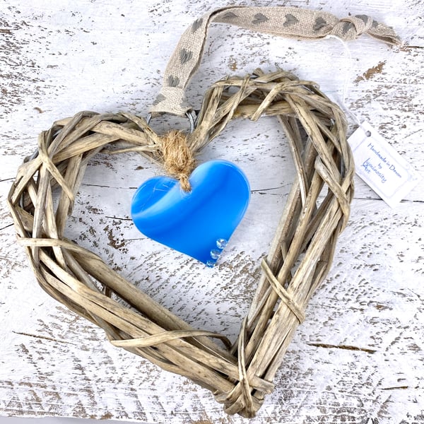 Fused Glass & Wicker Hanging Heart -  Wispy Blue