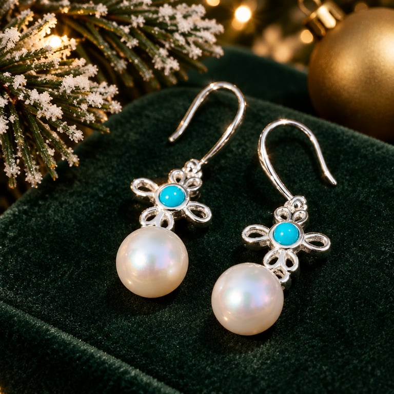 Sterling Silver Turquoise Pearl Drop Earrings Filigree Flower, Freshwater Pearl,