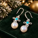 Sterling Silver Turquoise Pearl Drop Earrings Filigree Flower, Freshwater Pearl,