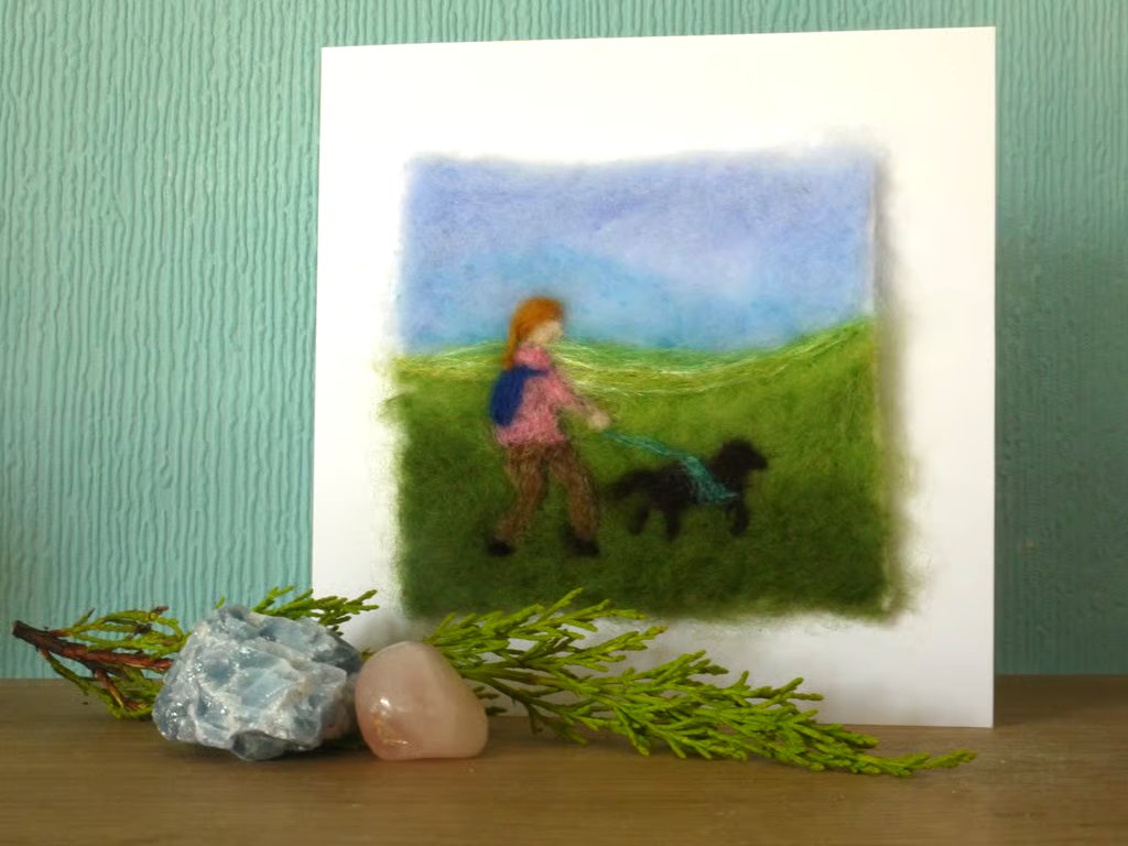 Handmade needle felted Hiking woman and dog greetings card