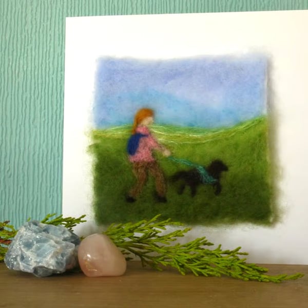 Handmade needle felted Hiking woman and dog greetings card