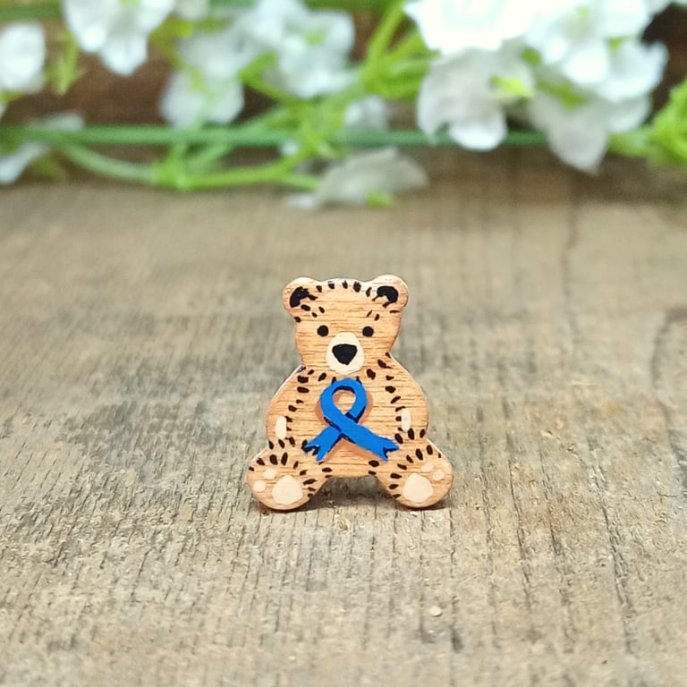 Colon Bowel Cancer Awareness Bear Pin, Handmade Blue Ribbon Tiny Teddy Badge