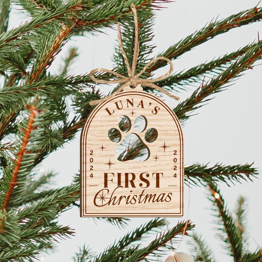 Pet First Christmas - Paw & Star Ornament: Personalised Dog or Cat Xmas Bauble