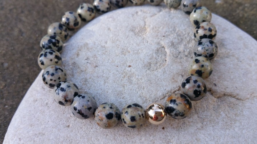 Dalmatian Jasper Bracelet, 9ct Gold Bracelet, Beaded Bracelet, Stretch Bracelet