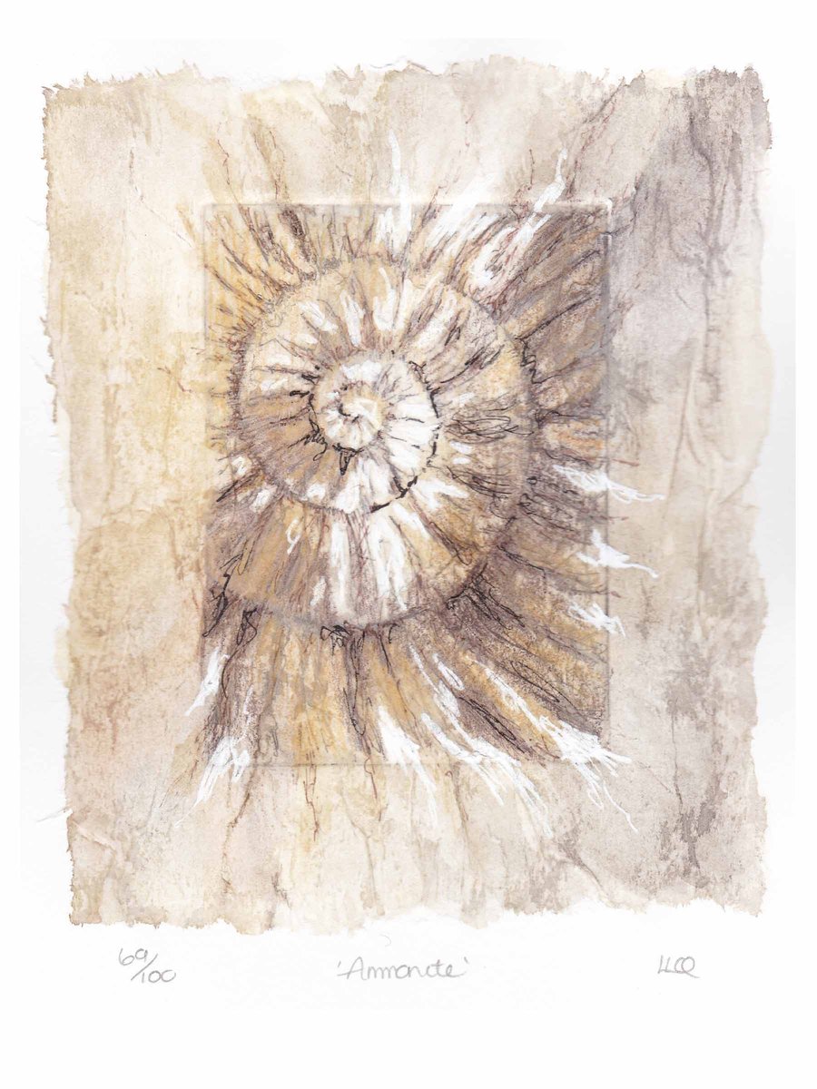Etching no.69 of an ammonite fossil with mixed media in an edition of 100