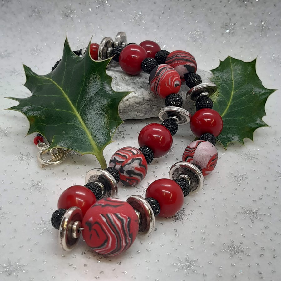Red and black polymer clay necklace 